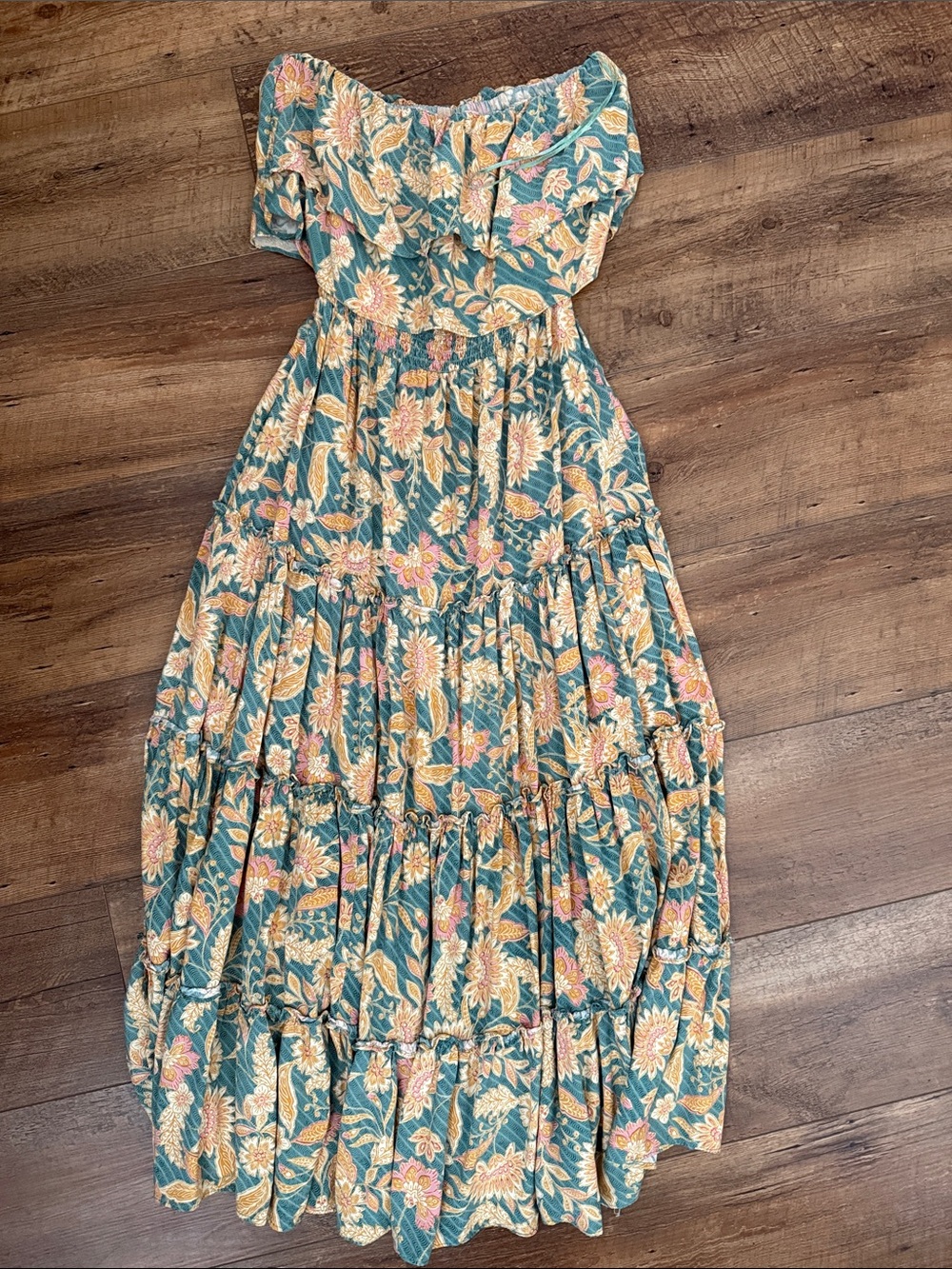 1. State Teal Floral Off-Shoulder Tiered Maxi Dress